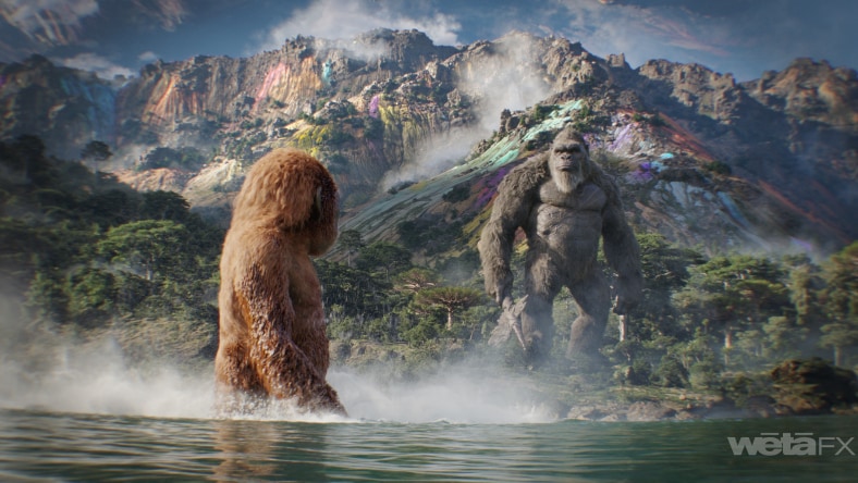 Staredown between two giant apes on Hollow Earth from Godzilla x Kong: The New Empire movie
