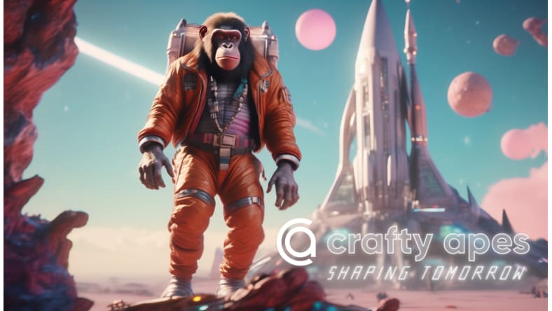 AI generated astronaut ape standing infront of a rocket ship