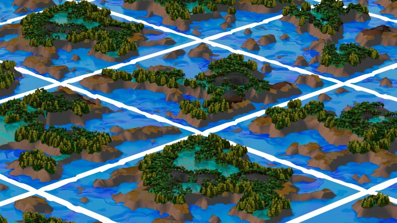 3D plot map on blue grid