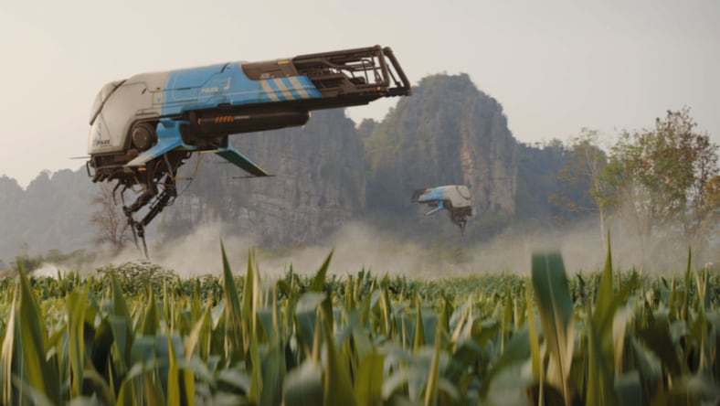 Giant robot bugs hovering over a crop