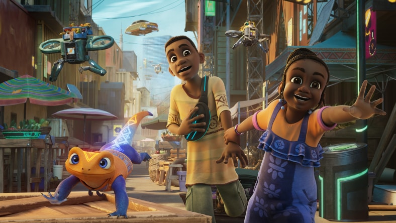 Two young friends and their lizard friend running away from drones in Nigeria