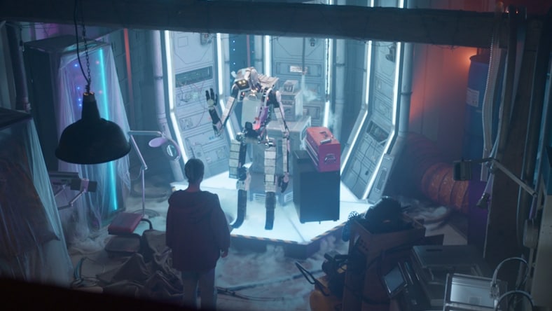 Friendly robot waves at little girl in science work shop