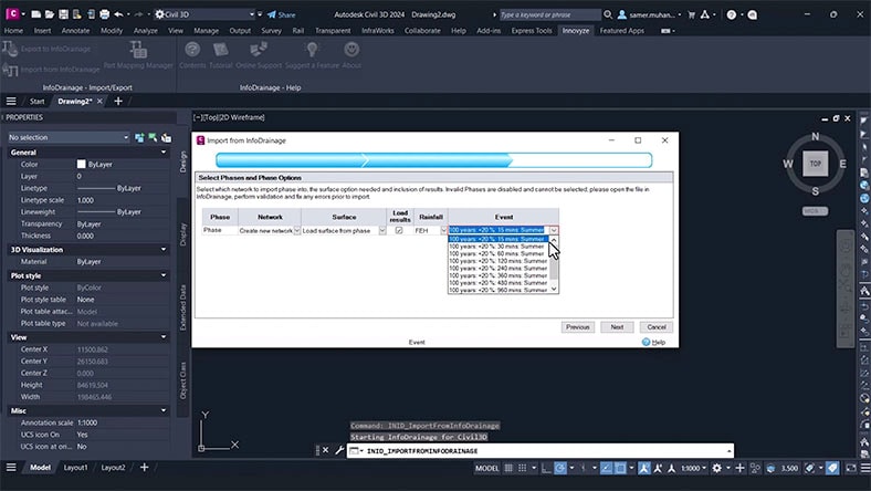 A Civil 3D user interface, where the user is navigating a menu to import drainage design data from InfoDrainage.