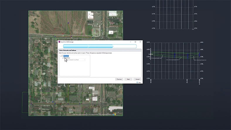 A Civil 3D user interface, where the user is viewing a civil design top-down and importing drainage data from InfoDrainage.
