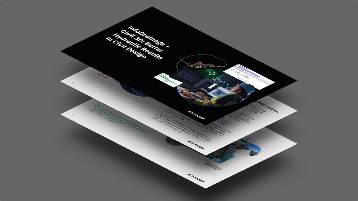 Stack of pages from an e-book titled 'InfoDrainage + Civil 3D: Better Hydraulic Results in Civil Design'. The top page shows a person using design software on a computer.