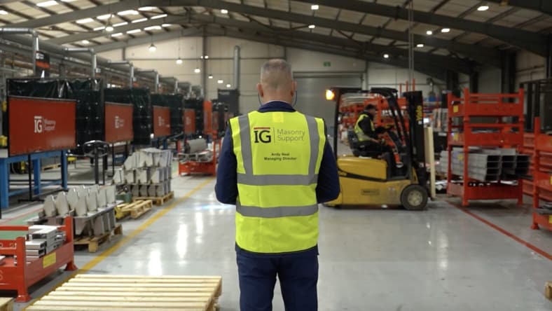 Image of the warehouse at IG Masonry Support Ltd., linking to Fusion Operations inventory traceability.