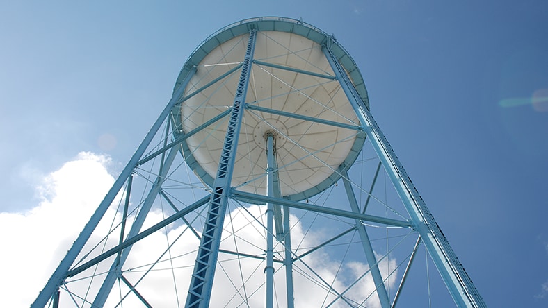 A water tower seen from below