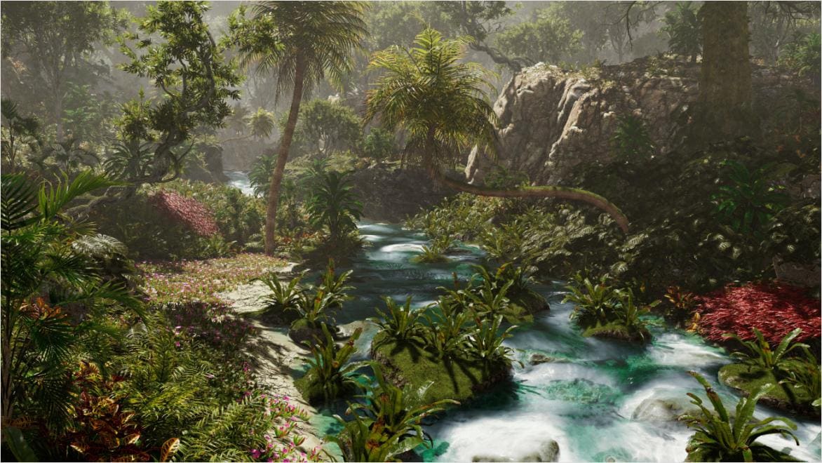 Rendering of a lush game world with palm trees and a rushing stream