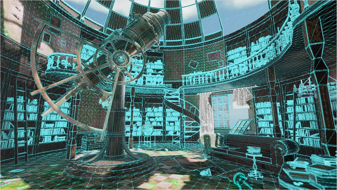 Stylized rendering of a telescope in a domed library setting