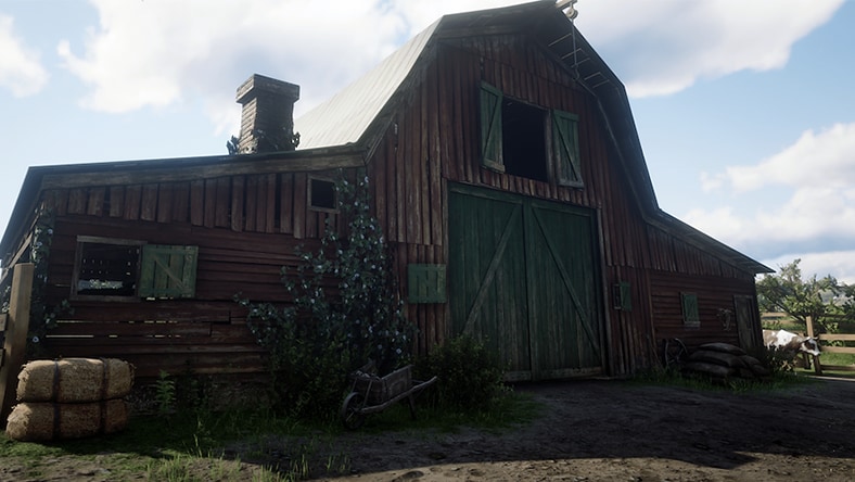 A rustic barn with hay bales