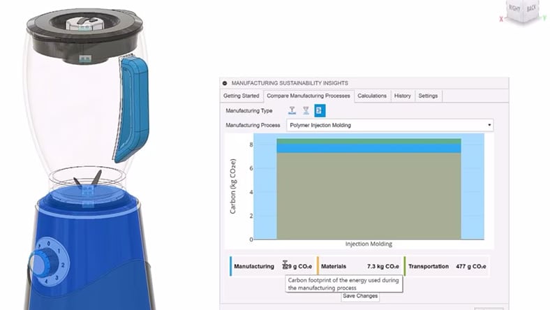 Blender shown next to manufacturing sustainability insights Fusion dialog box