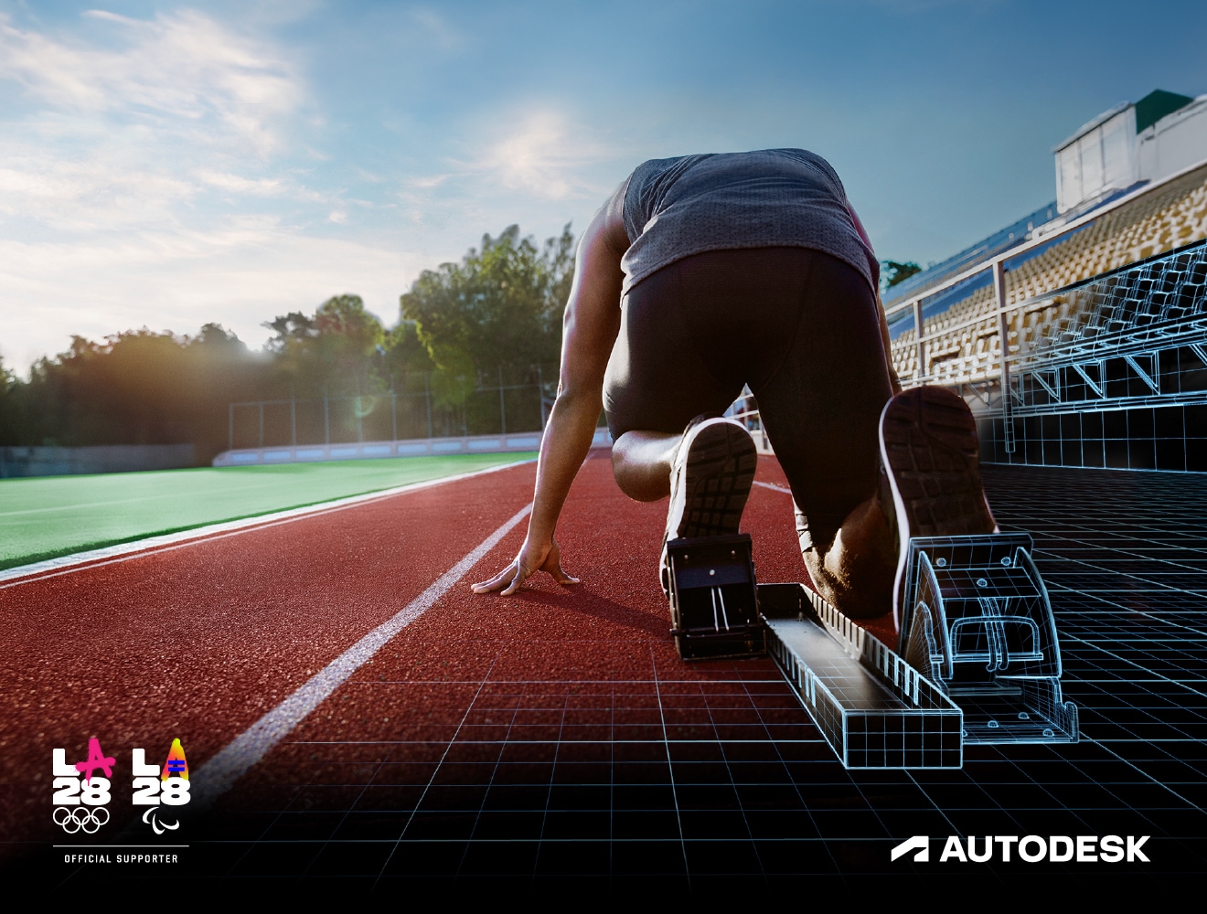 A person on track and field with rendering of stadium.