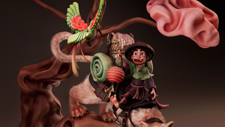 Young person riding lion pointing at colourful bird beneath a fantastical tree