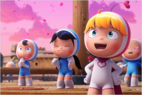 Four cheerful characters looking up in excitement