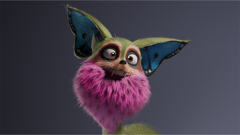 Animated green fox creature with bushy fur around its neck