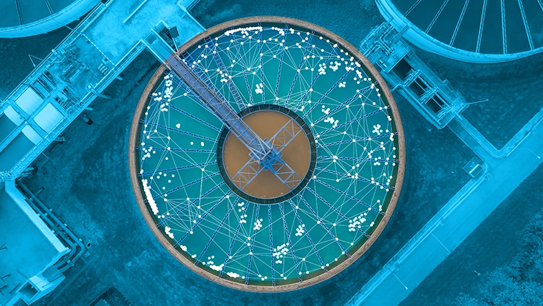 Graphic showing an neural net over a treatment plant to represent smarter plant operations