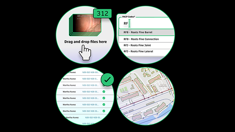 Graphic showing the four stages of CCTV inspections: data upload, data validation, data approval, data visualization