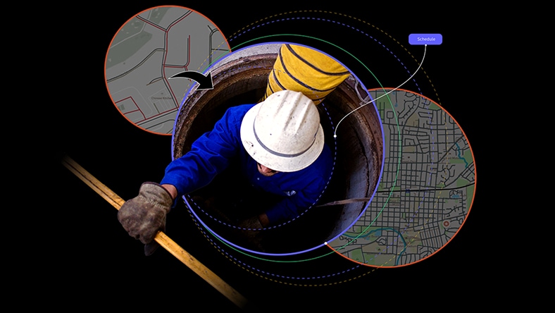 Graphic showing an engineer descending down a wastewater pipe to carry out maintenance