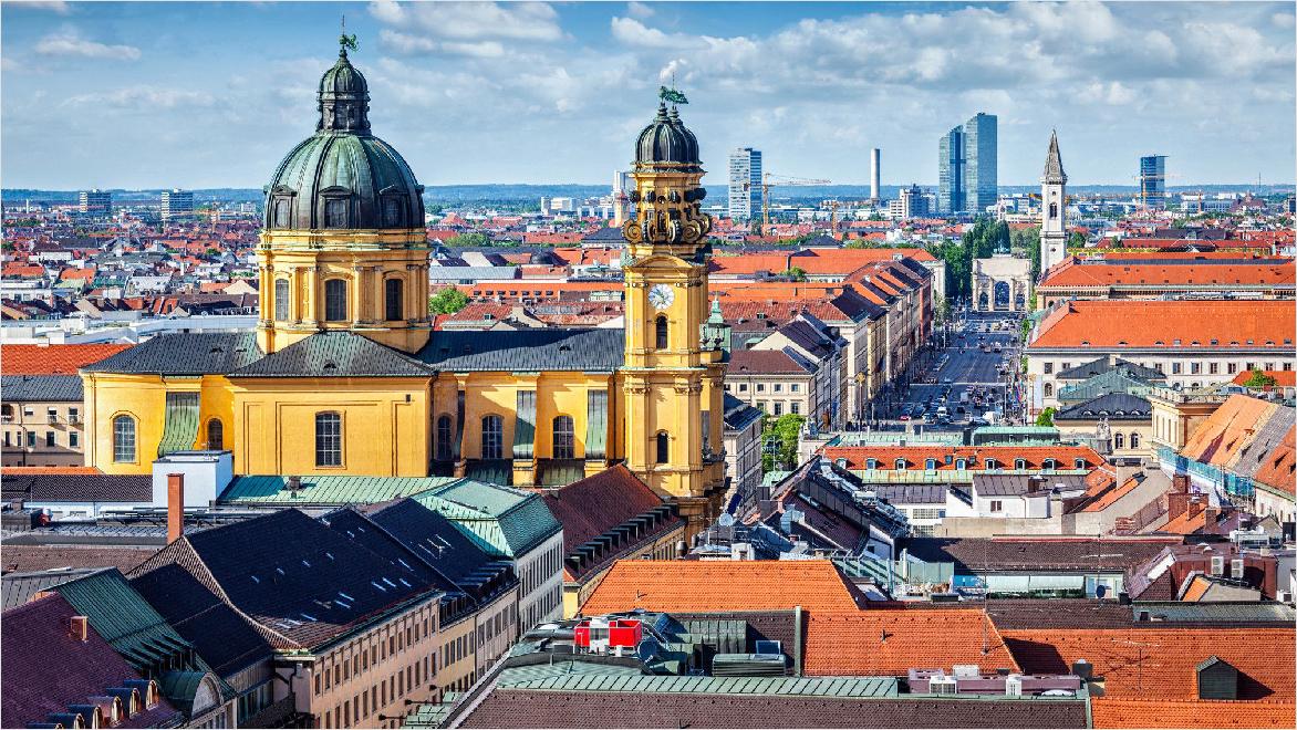 Skyline view of Munich with the Theatine Church of St. Cajetan (Theatinerkirche St. Kajetan) and Odeonplatz.