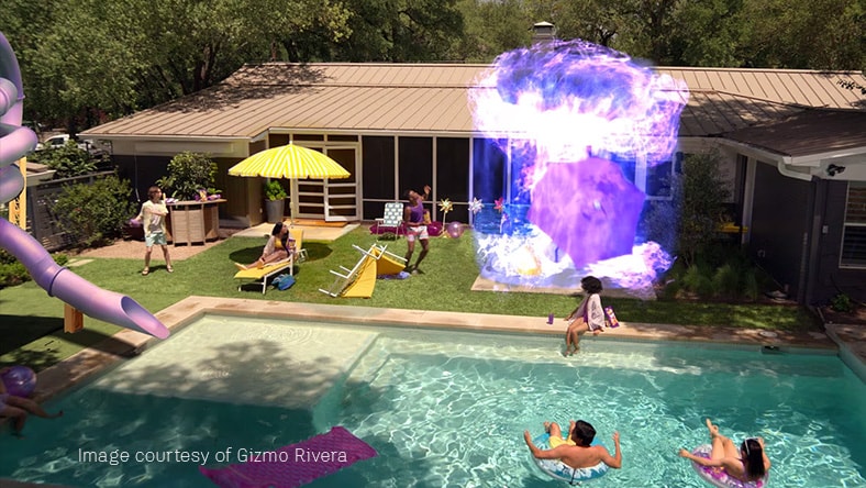 Gartenparty mit hellvioletter Explosion neben dem Swimmingpool