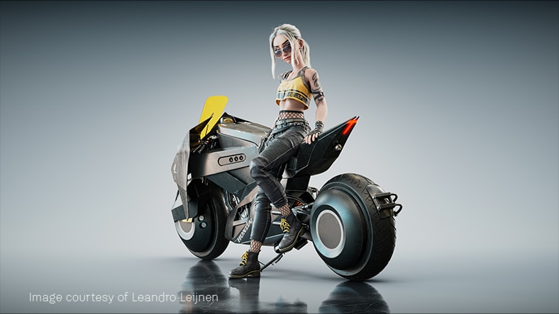 Animiertes Mädchen, das sich an ein Motorrad lehnt