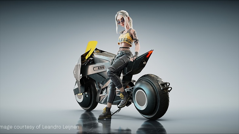 Animated girl leaning on motorcycle