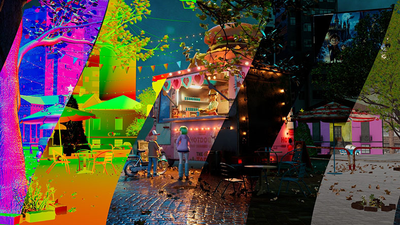 3D scene showing different rendering stages