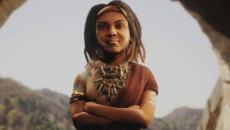 A tribal character with dreadlocks and bone accessories in a natural setting.