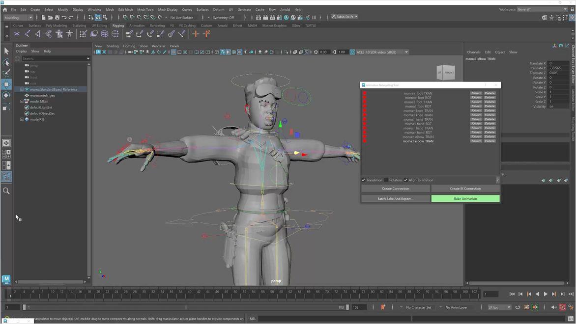 Screen capture of 3D animation rigging in character design software