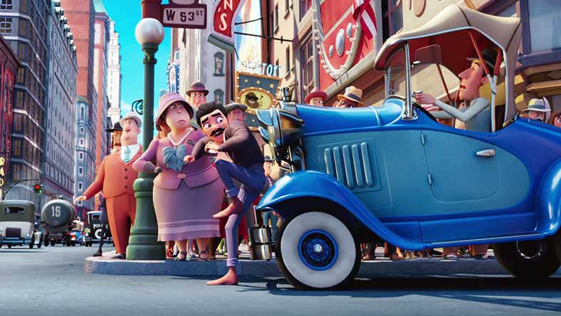 Animated city street scene with vintage car and pedestrians