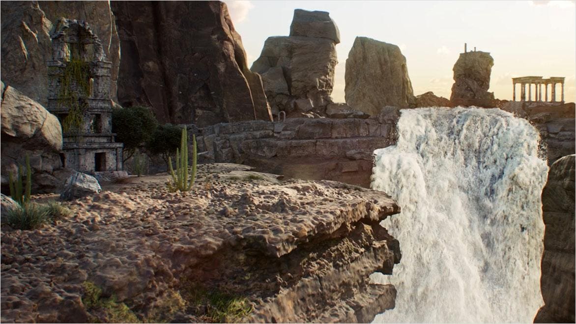 Ancient ruins and waterfall in rocky landscape