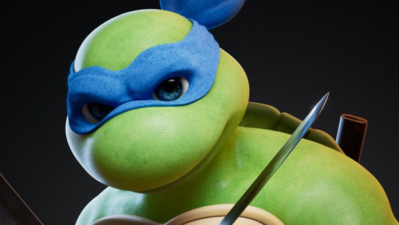 Close-up of an animated ninja turtle with blue mask and sword.