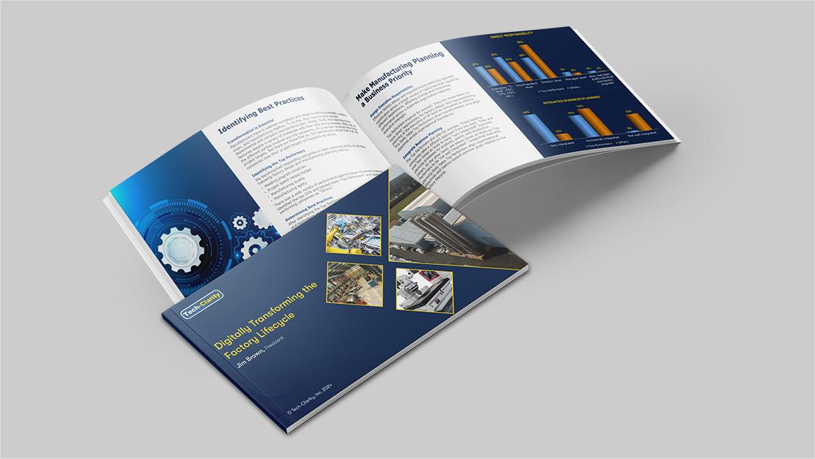 Libro cerrado con el título de portada "Transformación digital del ciclo de vida de las fábricas" sobre un libro abierto que muestra tablas y gráficos