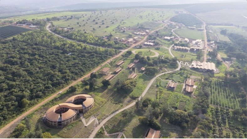 Aerial view of the new Rwanda Institute for Conservation Agriculture, engineered and constructed by MASS Design Group