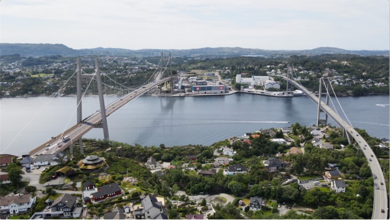 Aerial view of Sotra Bridge connecting Sotra Island to Bergen, Norway