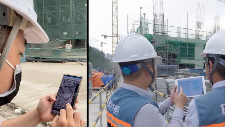 Ricons workers viewing construction project data on mobile devices