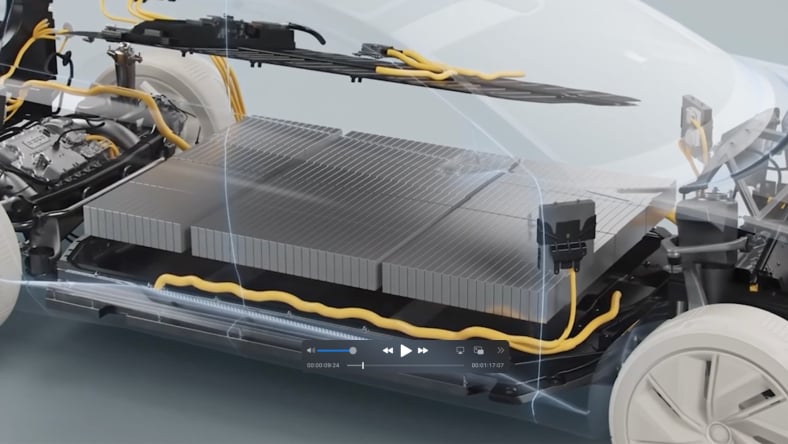 Image of the Northvolt battery array mounted in an electric car chassis