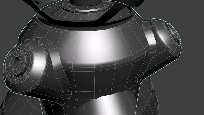 Close-up of a mechanical, robot-like 3D model in 3ds Max with smooth beveled edges