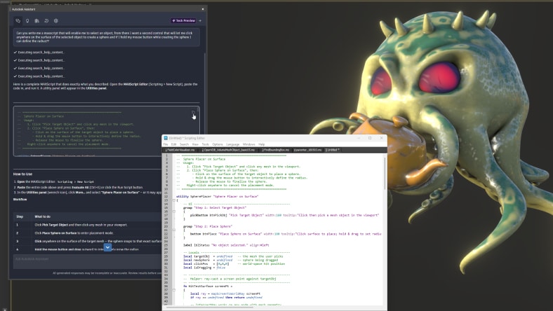 Split-screen in 3ds Max showing Autodesk Assistant with script suggestions on the left and a colorful, spiky-textured creature with red eyes on the right