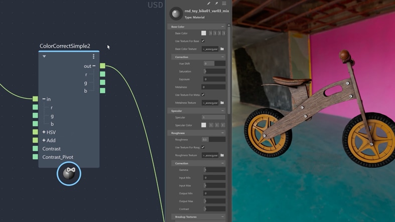 A bike model being color corrected inside LookdevX in Maya.