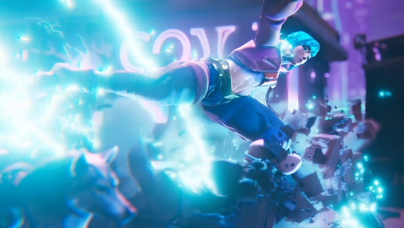 A character jumps over an obstacle while a dog runs beside them, surrounded by blue bursts of light.