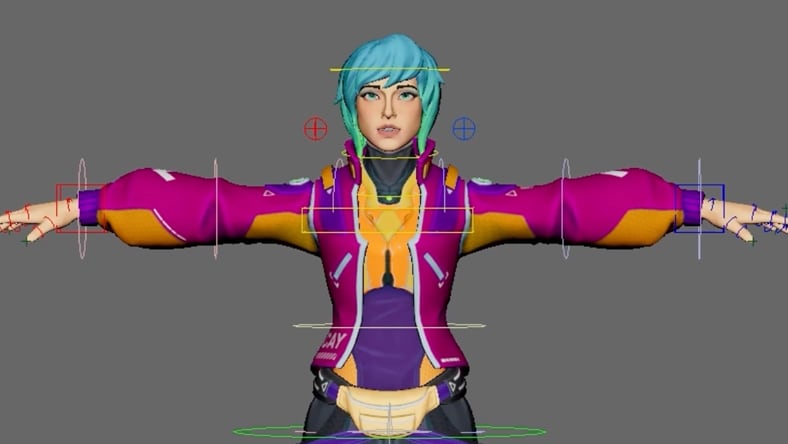 A blue-haired character in a pink and orange jacket stands in a T-pose, rigged using Bifrost in Maya.