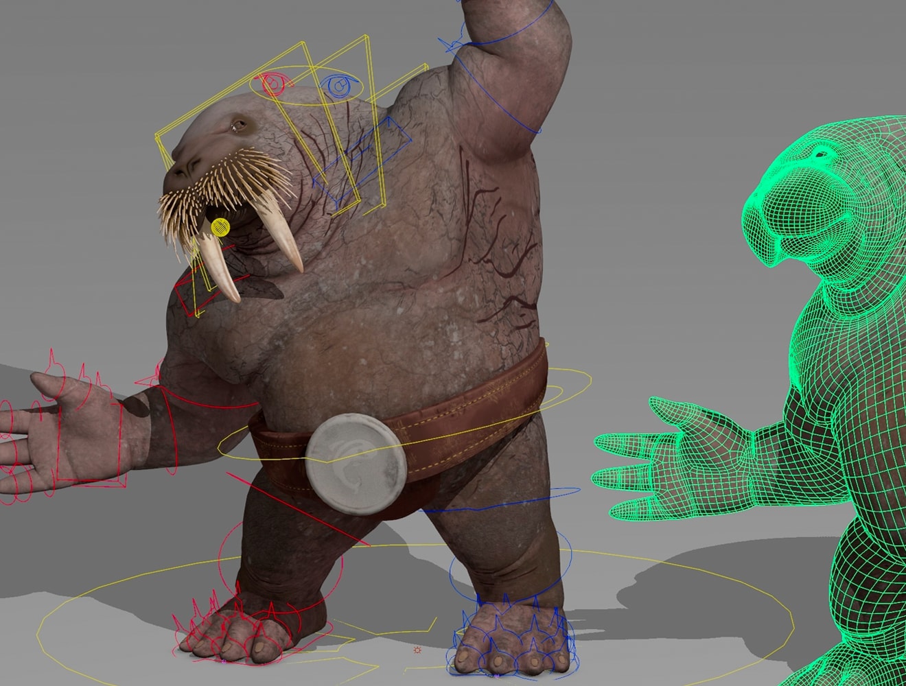 3D modeling split-screen comparison showing a textured and rigged carton walrus on the left and its corresponding wireframe mesh on the right