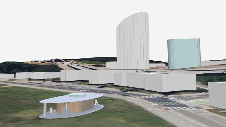 A 3D site model in Autodesk Forma showing a proposed small circular pavilion in the foreground and simplified massing models of tall buildings and surrounding terrain in the background.
