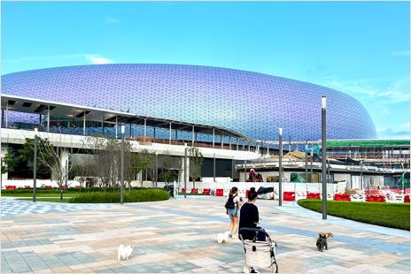 Stadium with people outside