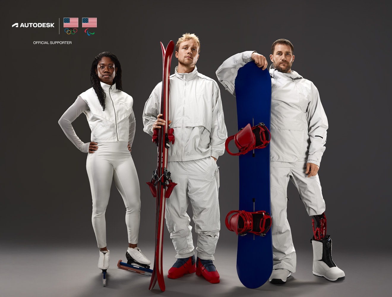 U.S. Olympian Erin Jackson, U.S. Olympian Colby Stevenson, and U.S. Paralympian Mike Schultz standing with their athletic equipment.