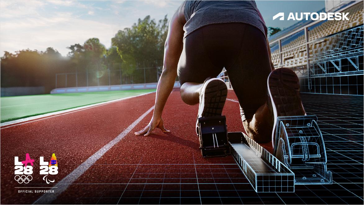 Personne positionnée pour courir à partir d'un bloc de départ sur une piste.