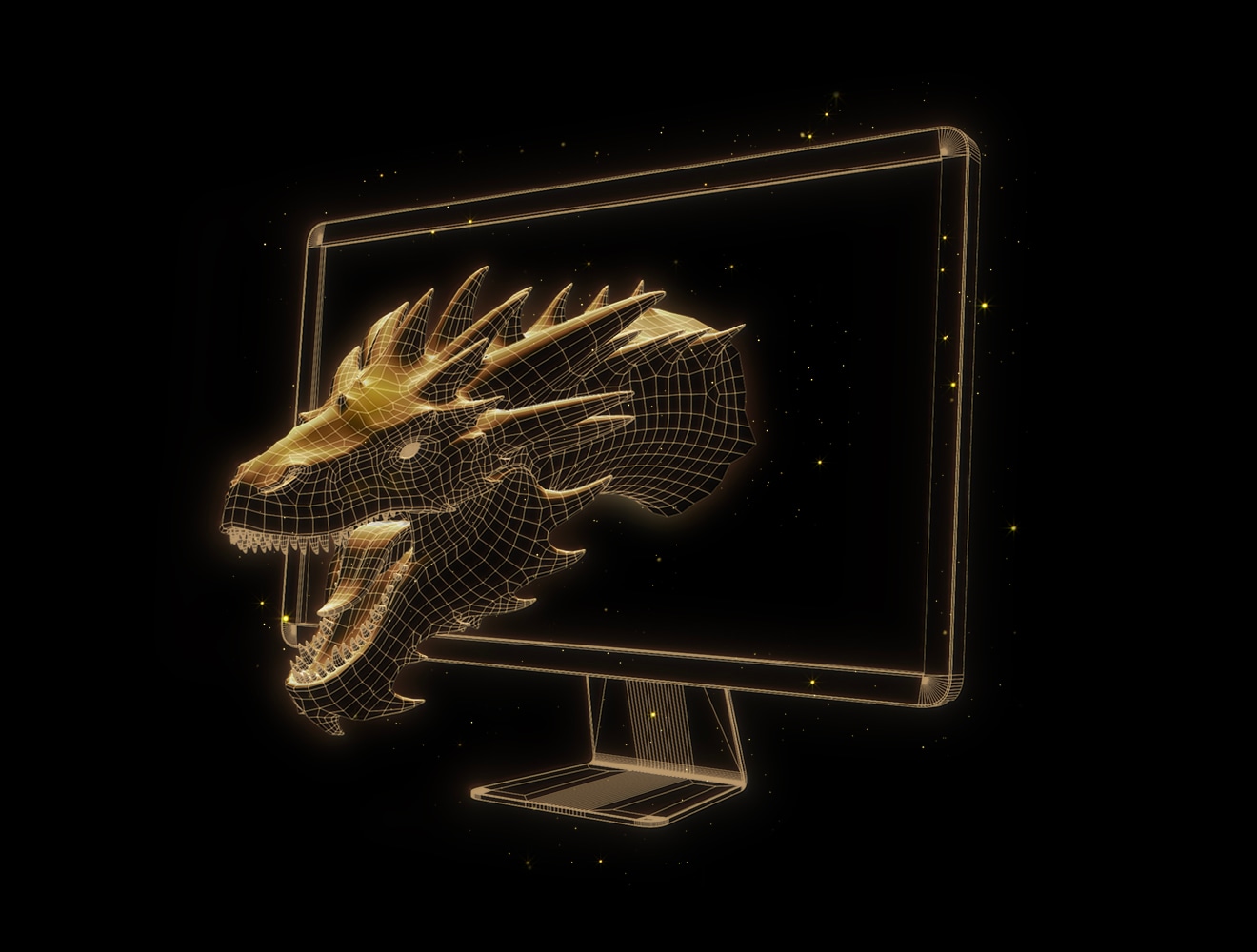 Visual effects dragon appearing 3D from a computer screen against a solid dark background