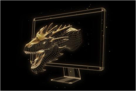 rendering of a dragon coming out of a desktop computer