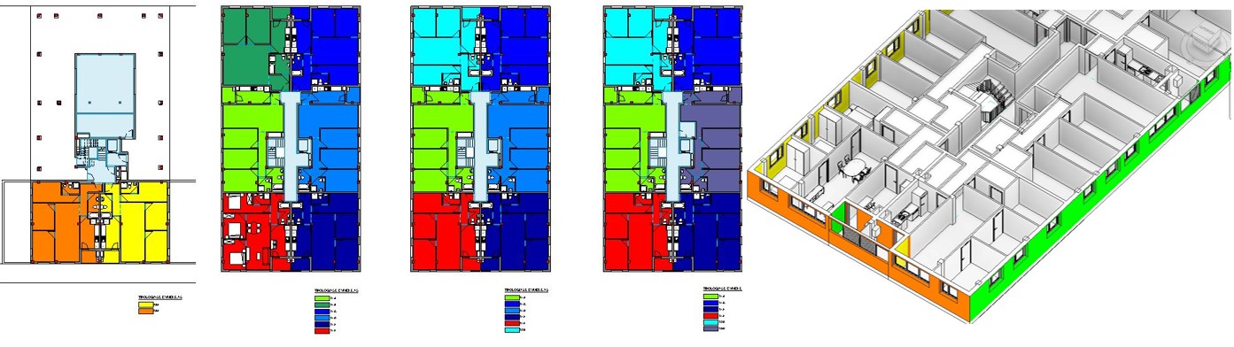 Esquema de color de viviendas tipo y muros coloreados por orientación